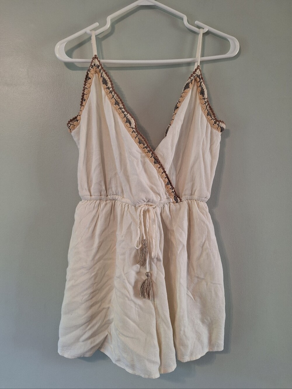 American Eagle Outfitters Cream Romper with Tassel Waist - S